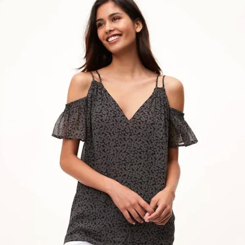 Loft S Women's Black White Strappy‎ Cold Shoulder Short Sleeve Top Blouse